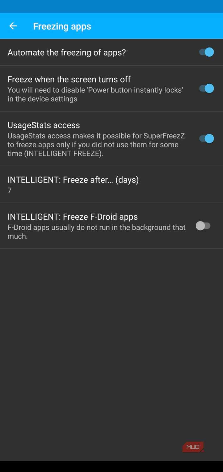 Freezing apps settings after all features have been enabled except freezing F-Droid apps.
