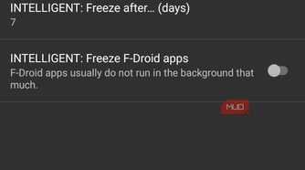 Freezing apps settings after all features have been enabled except freezing F-Droid apps.