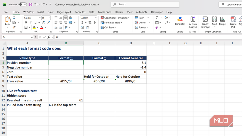An Excel cell showing nothing, with two cells below it displaying 61 and a sentence.