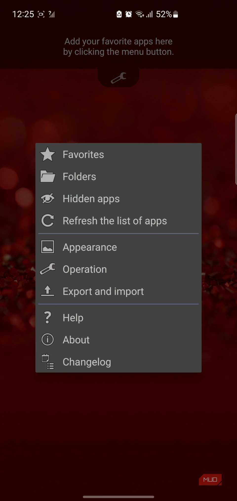 App menu with options list on screen