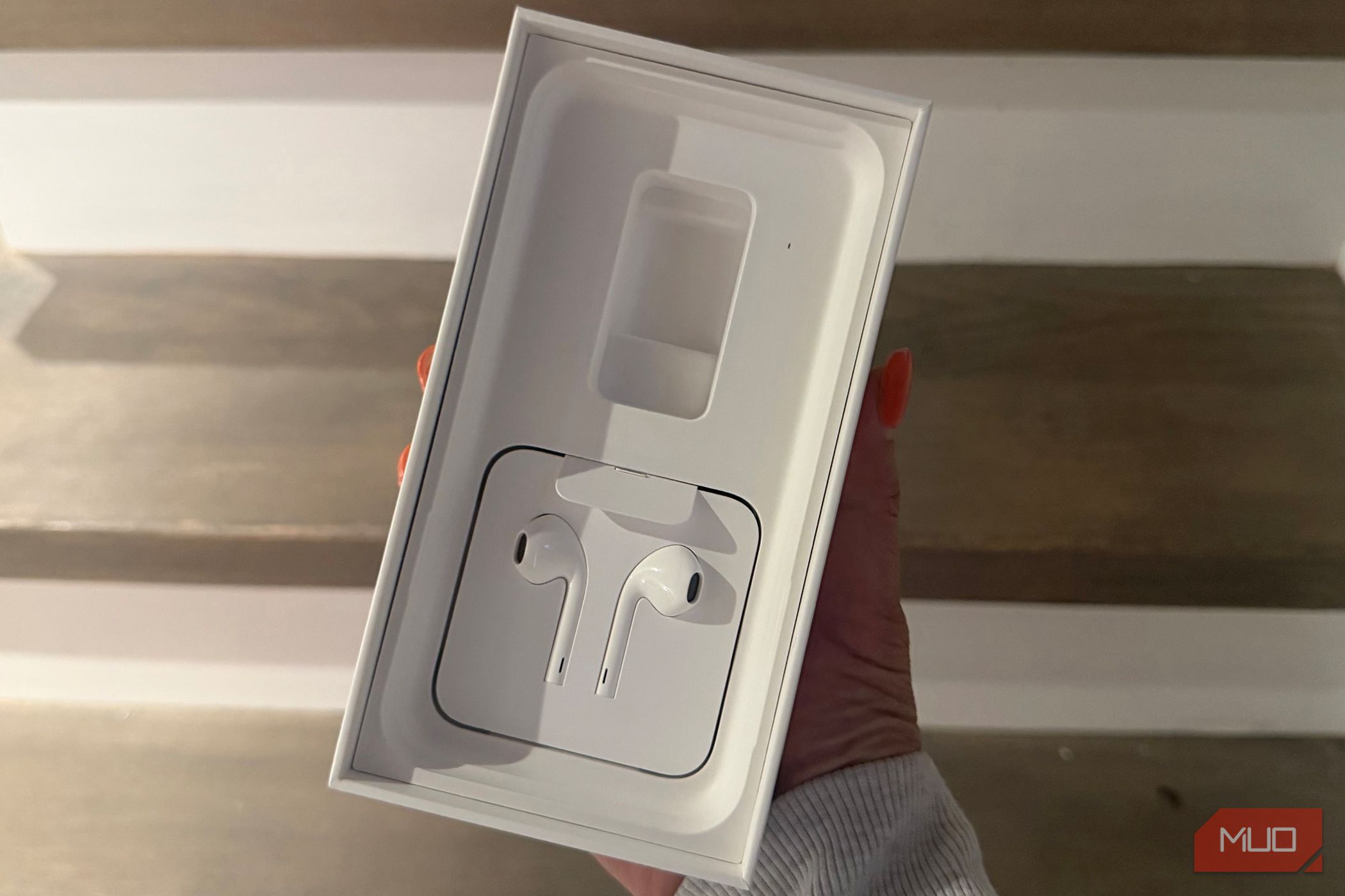 A hand holding an old iPhone box showing the EarPods.