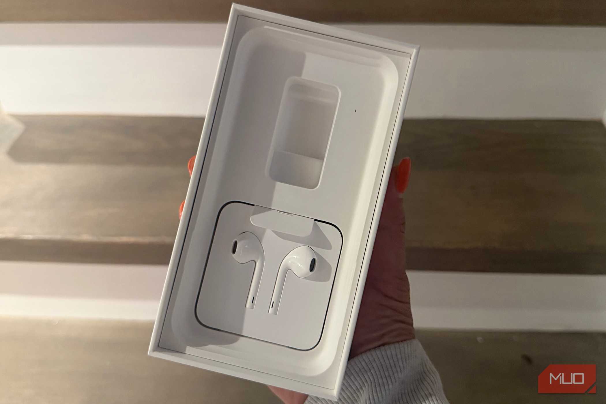 A hand holding an old iPhone box showing the EarPods.