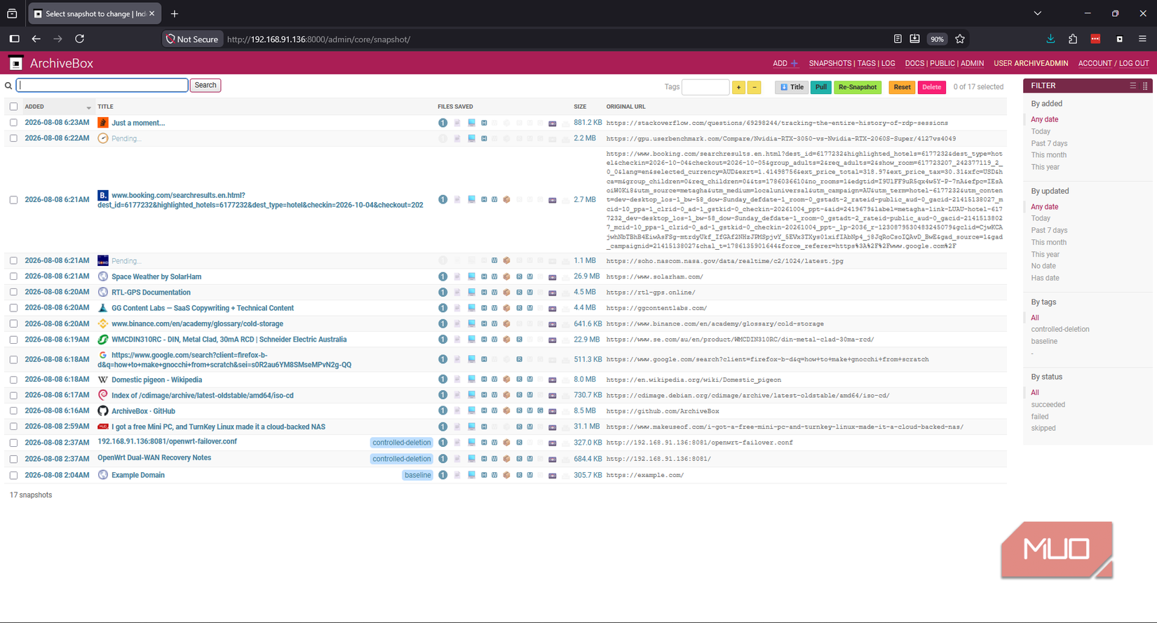 ArchiveBox dashboard showing all current archived websites