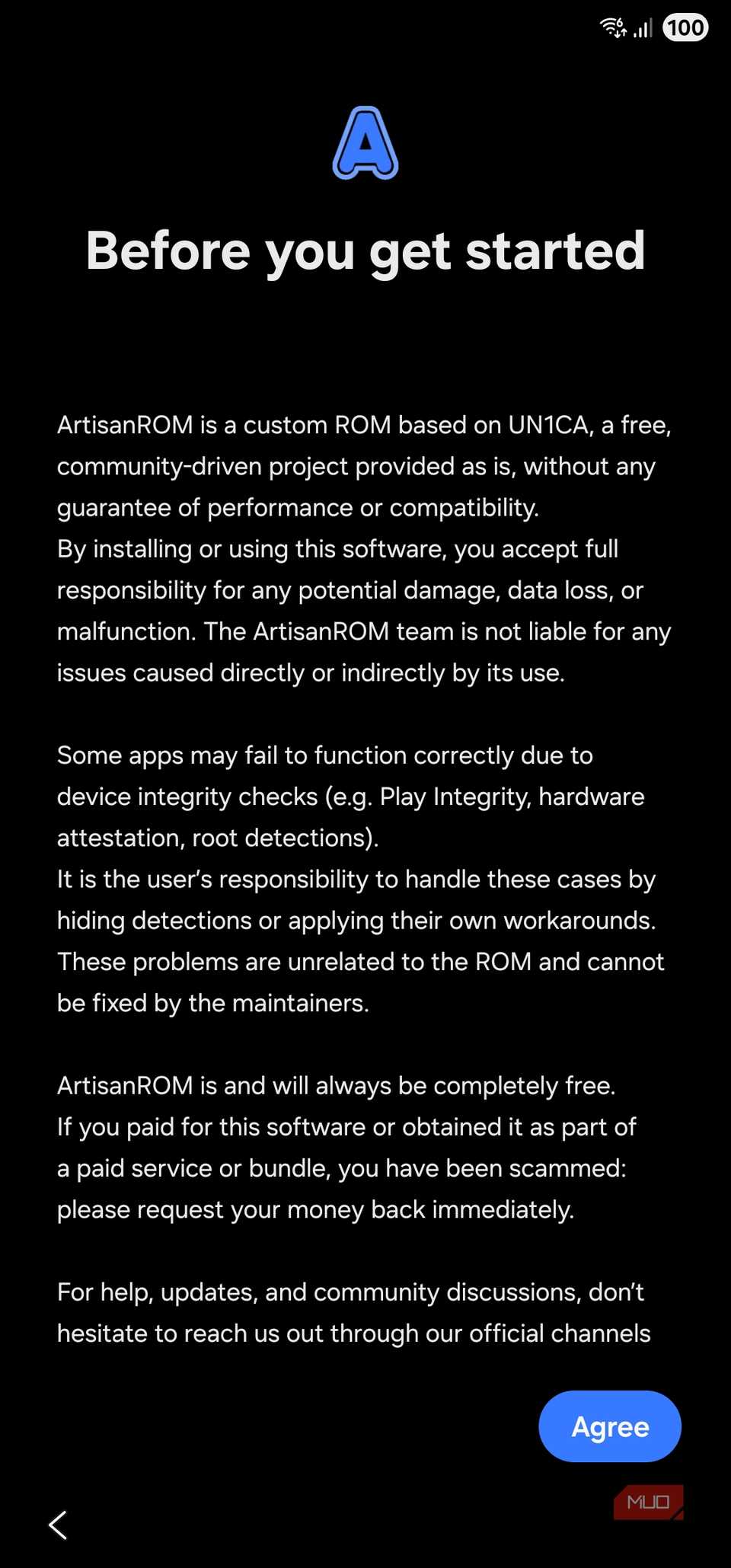 ArtisanROM terms and conditions agree button before setup