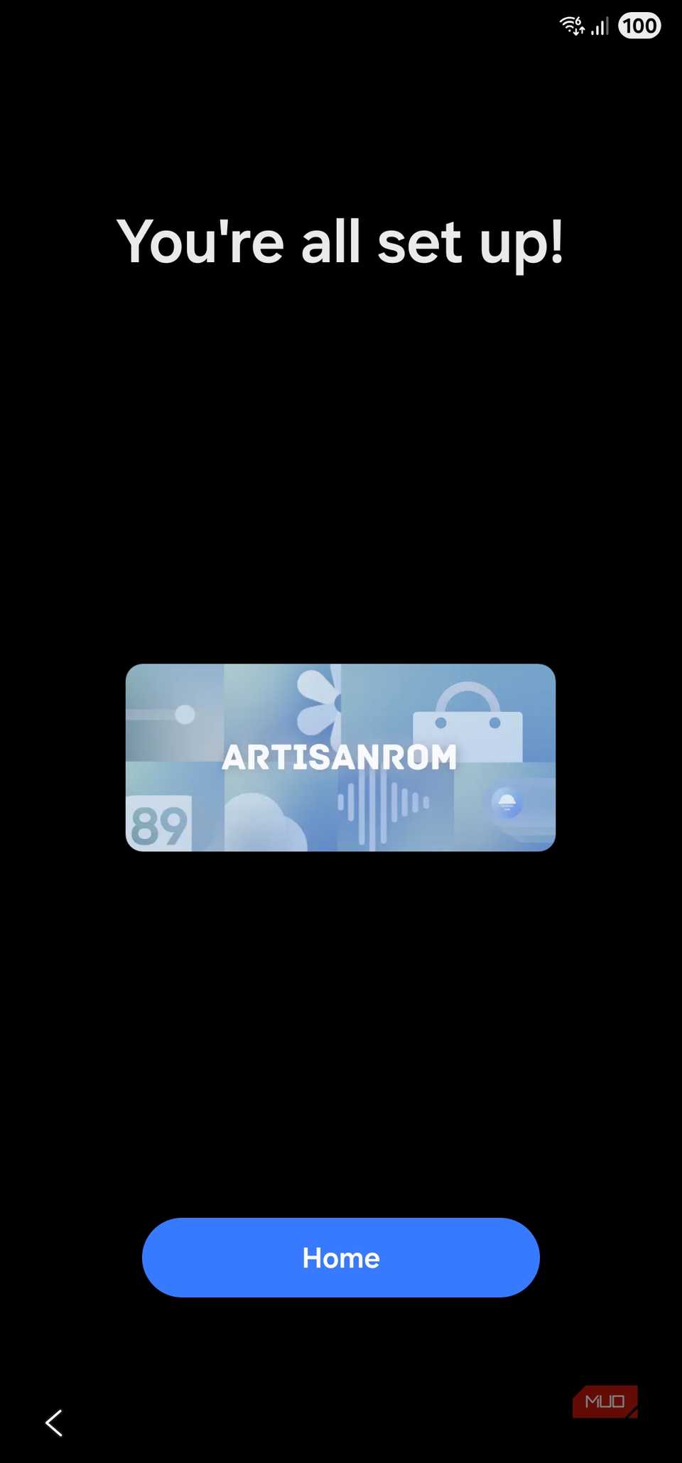ArtisanROM setup successful splash page after setup
