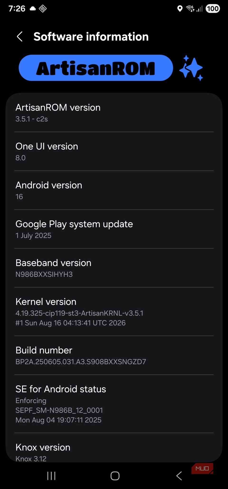 ArtisanROM software information page after installation showing Android version 16 and One UI 8