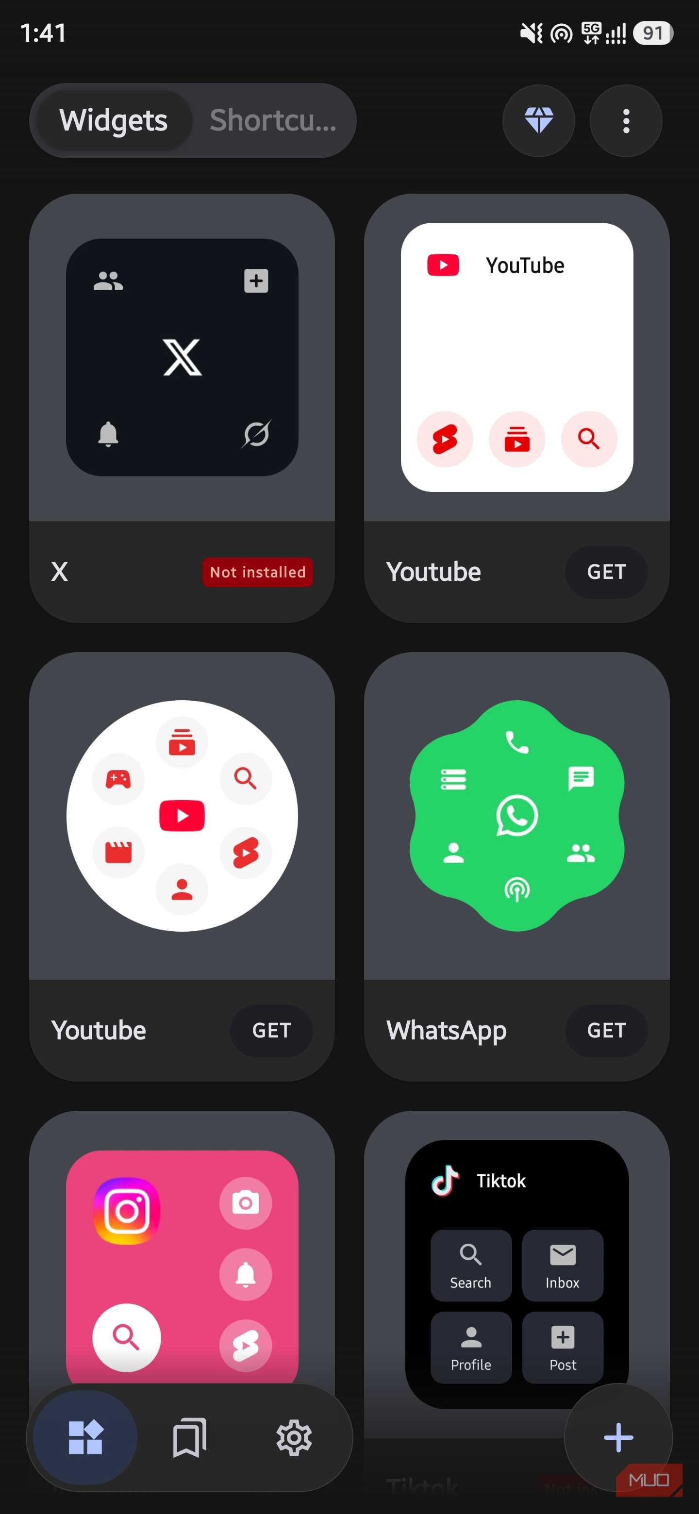 Widget gallery app showcasing home screen widgets for YouTube, WhatsApp, and TikTok in AsWidget