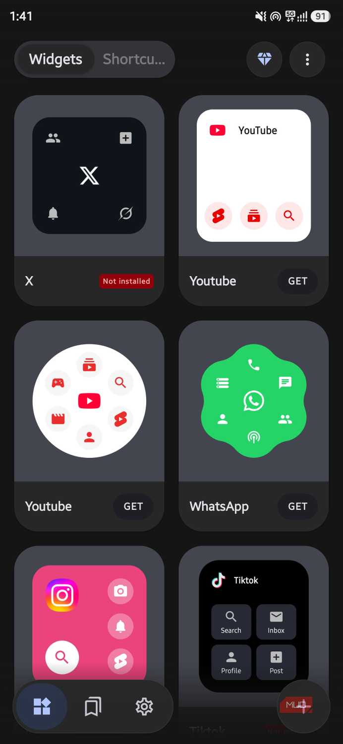 Widget gallery app showcasing home screen widgets for YouTube, WhatsApp, and TikTok in AsWidget