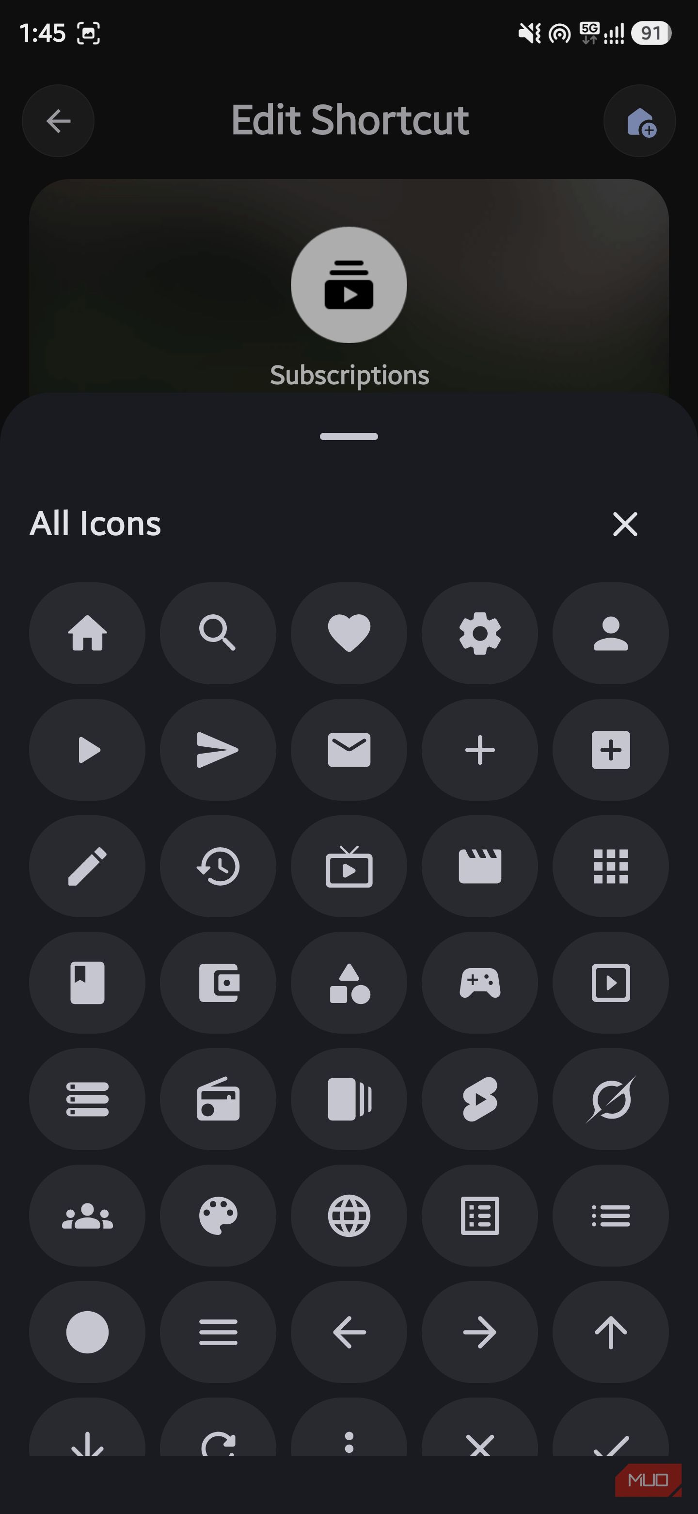 AsWidget Icon picker grid menu overlaid on the Edit Shortcut screen