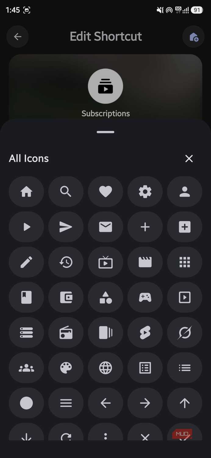 AsWidget Icon picker grid menu overlaid on the Edit Shortcut screen