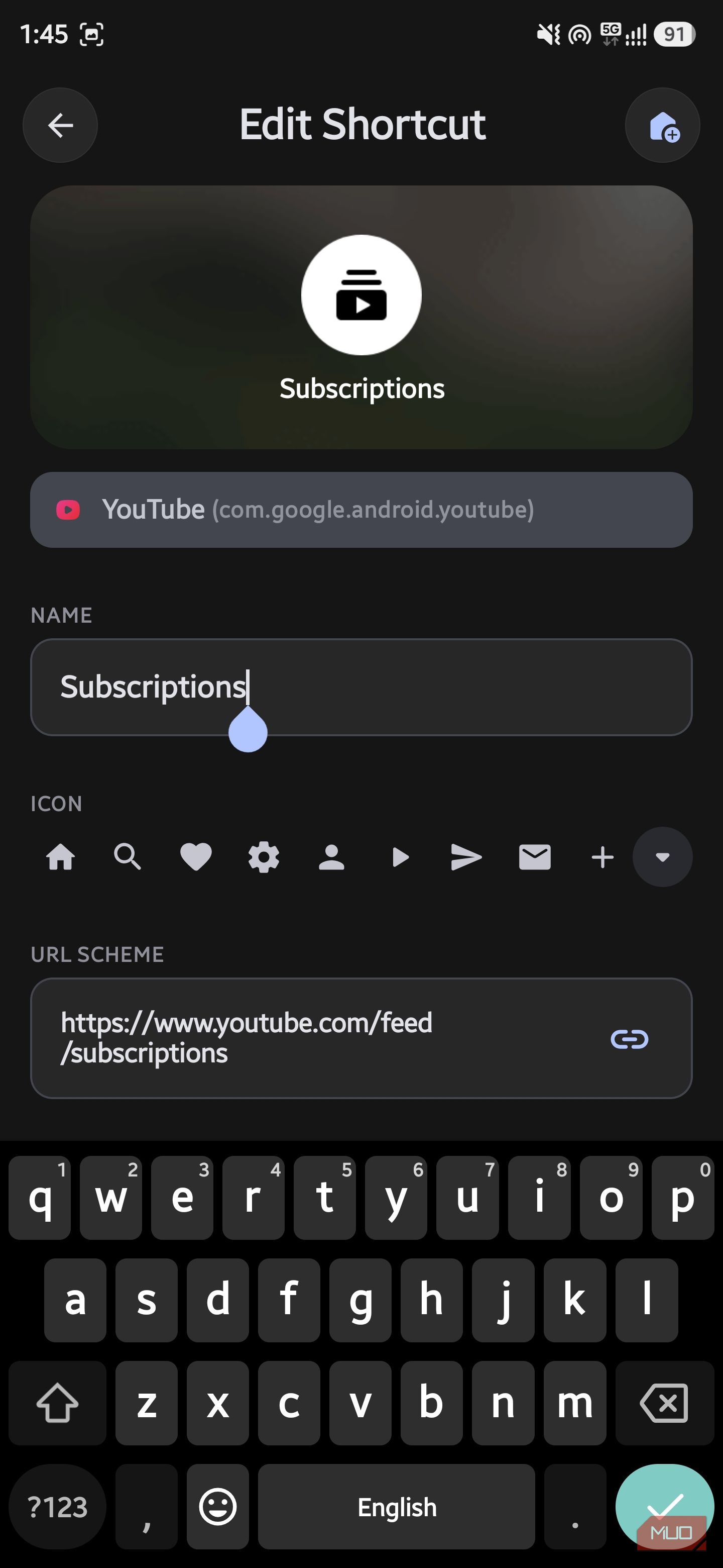 AsWidget Edit Shortcut screen displaying input fields for shortcut name and URL scheme