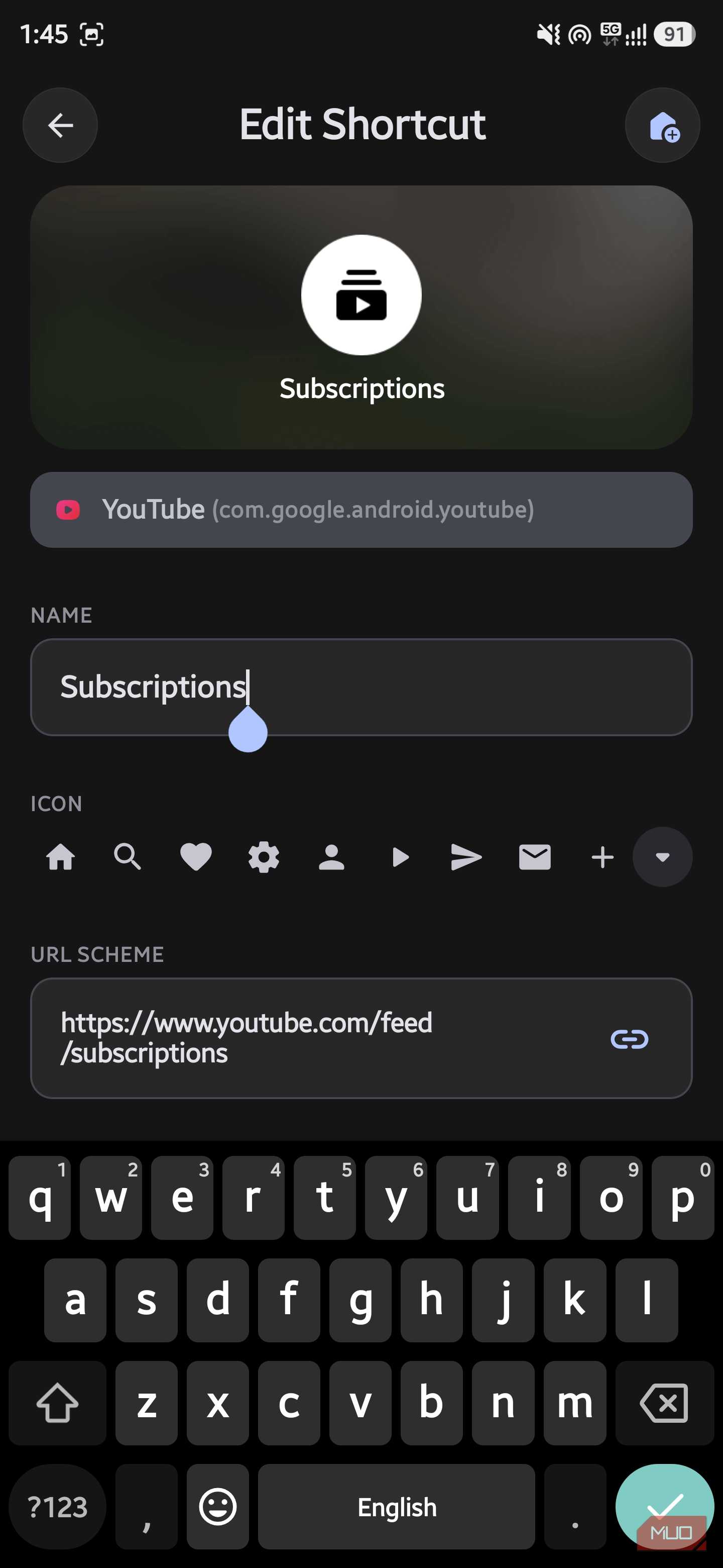 AsWidget Edit Shortcut screen displaying input fields for shortcut name and URL scheme