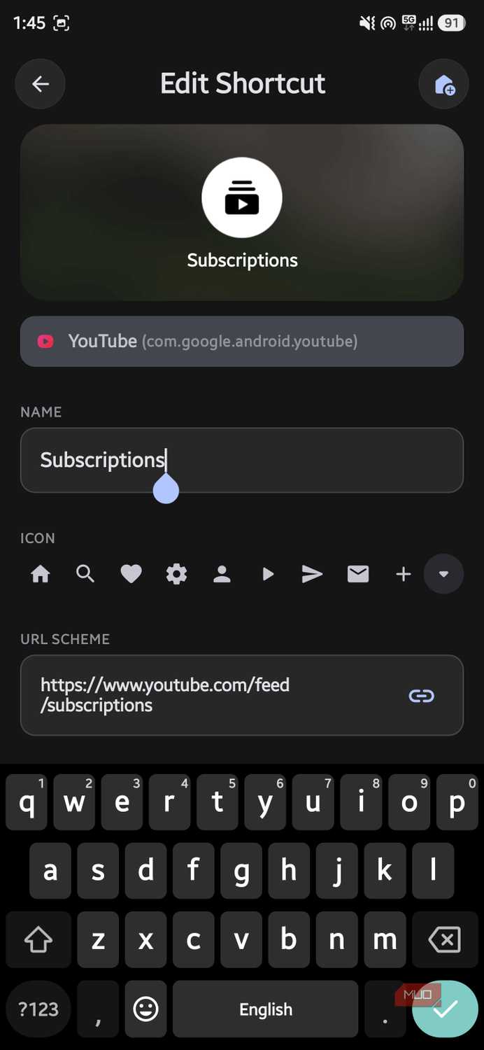 AsWidget Edit Shortcut screen displaying input fields for shortcut name and URL scheme
