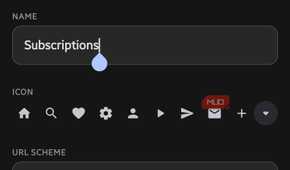 AsWidget Edit Shortcut screen displaying input fields for shortcut name and URL scheme