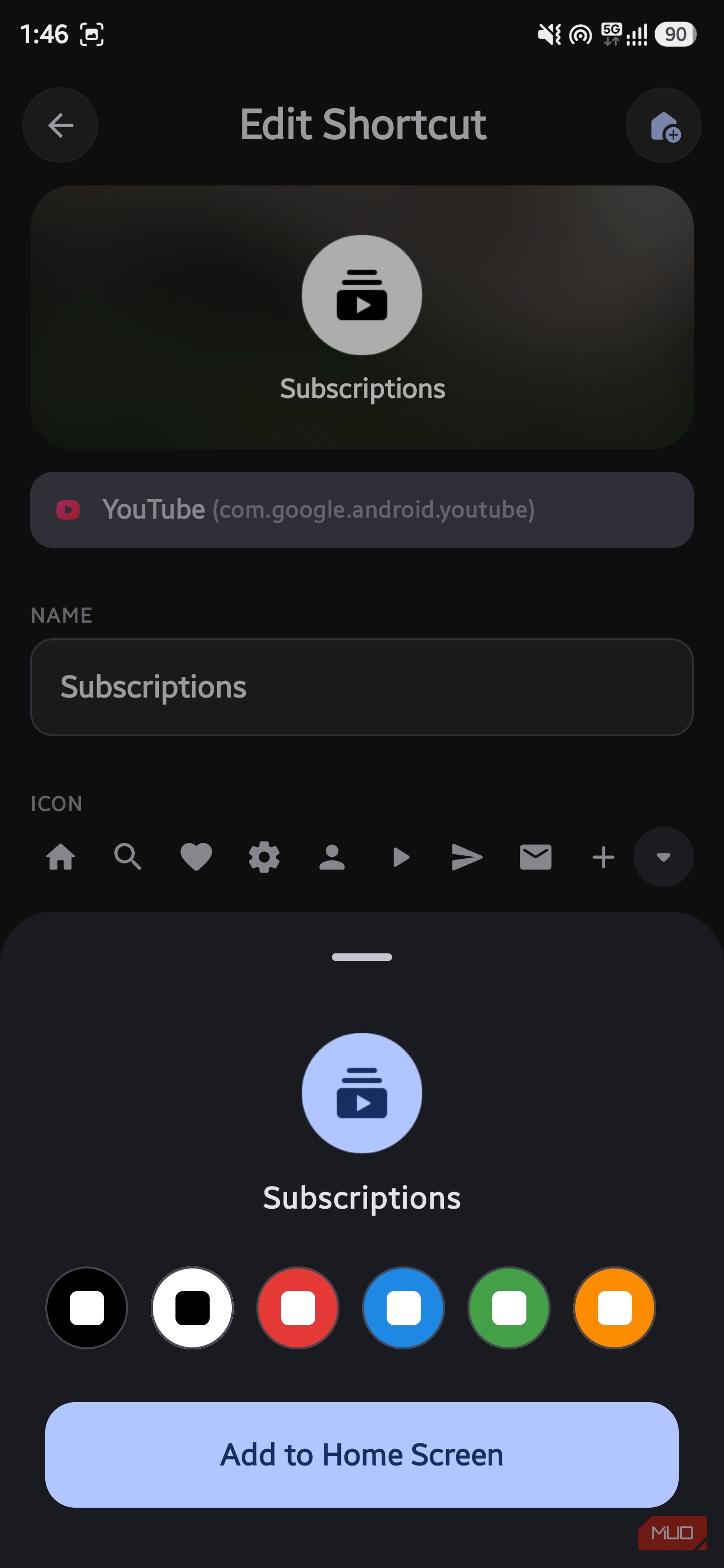 Edit Shortcut screen showing icon color customization palette at the bottom in AsWidget app