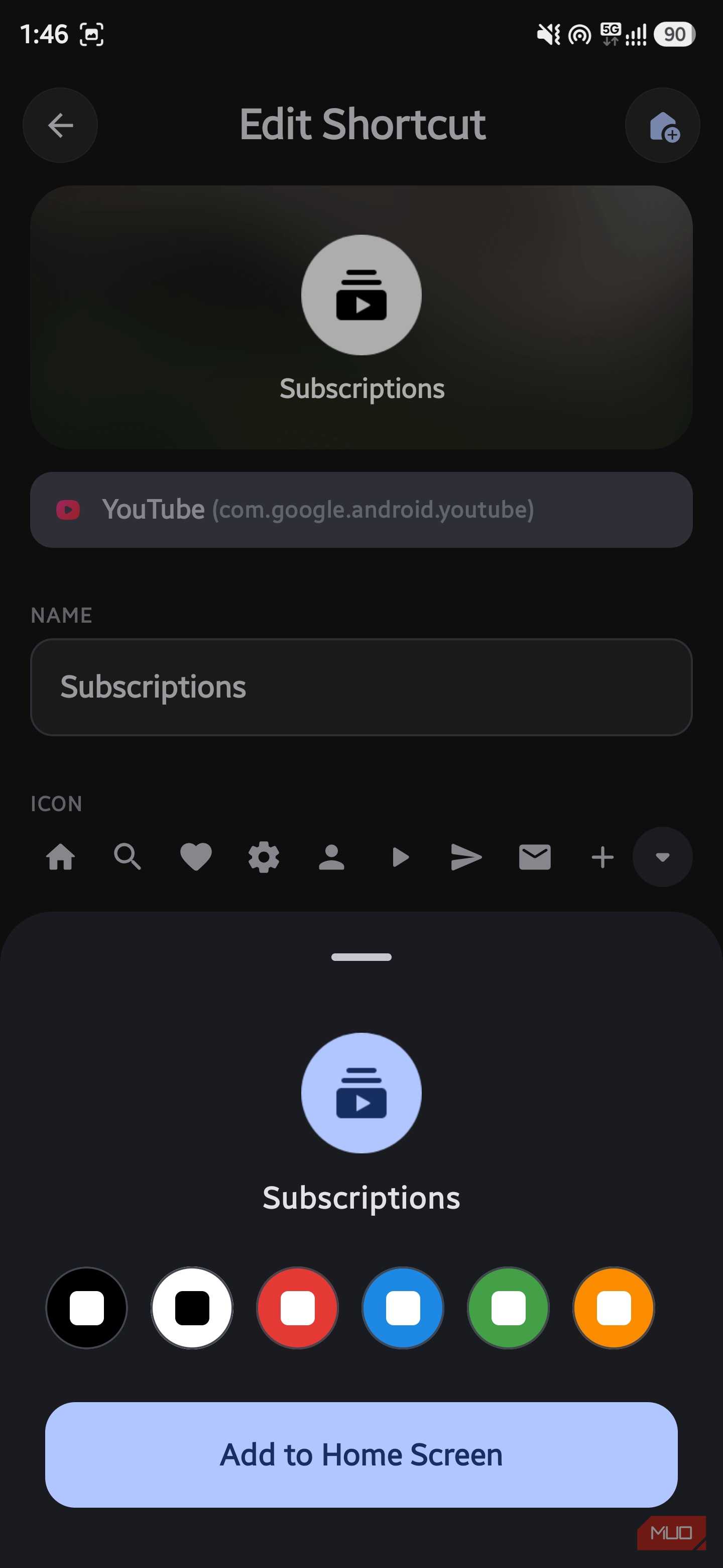 Edit Shortcut screen showing icon color customization palette at the bottom in AsWidget app