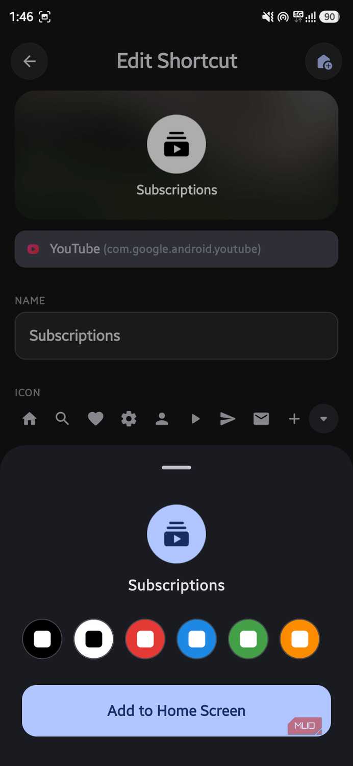 Edit Shortcut screen showing icon color customization palette at the bottom in AsWidget app
