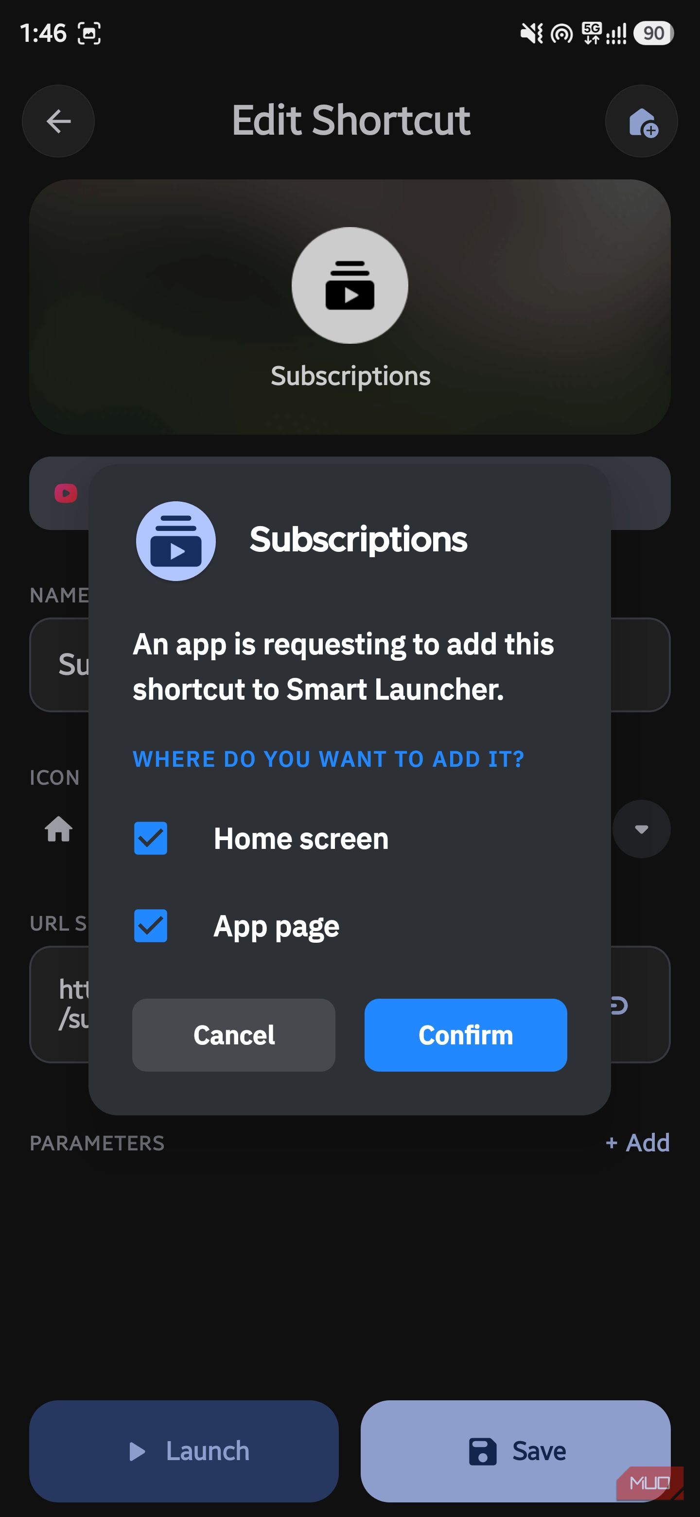 Confirmation dialog asking to add the Subscriptions shortcut to Smart Launcher in AsWidget app