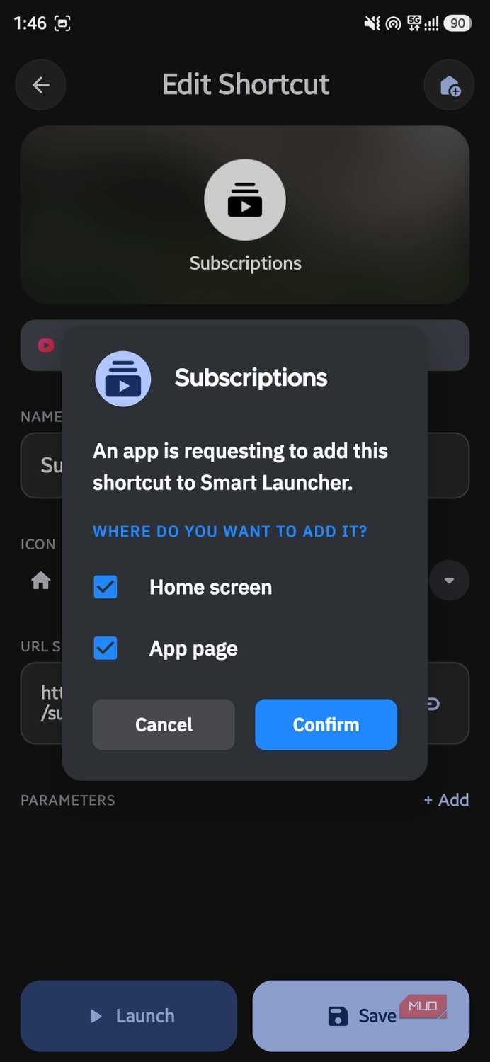 Confirmation dialog asking to add the Subscriptions shortcut to Smart Launcher in AsWidget app