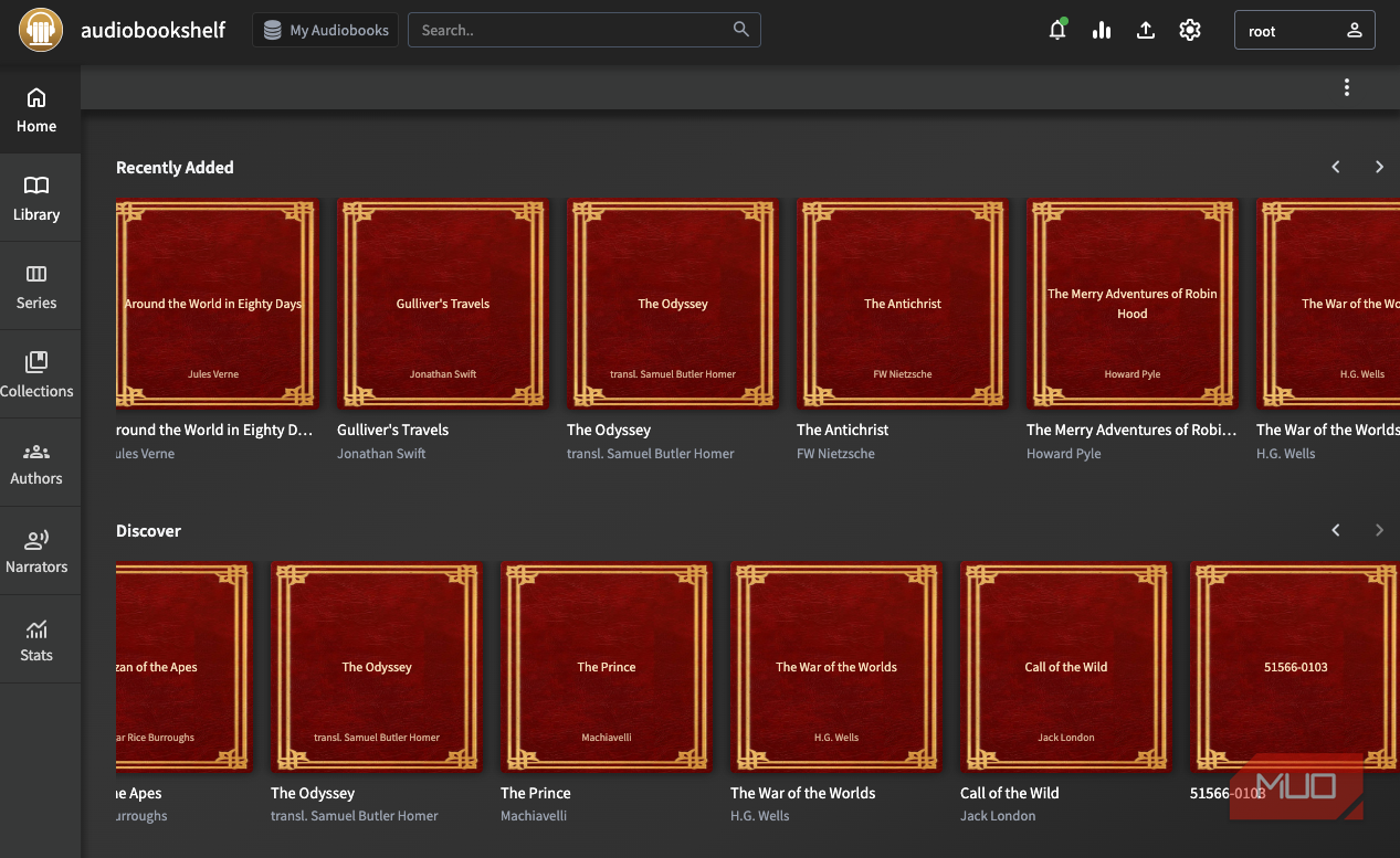 The home page on Audiobookshelf.