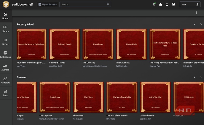 The home page on Audiobookshelf.