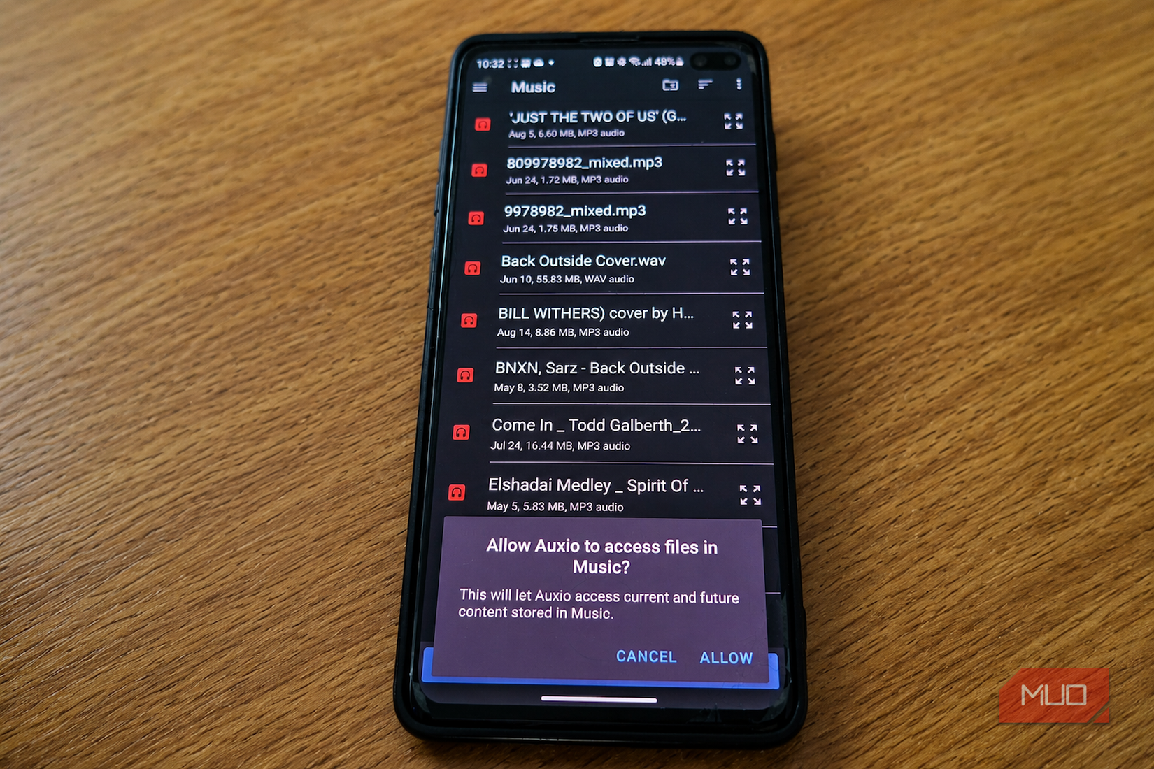 Auxio music player app permission prompt.