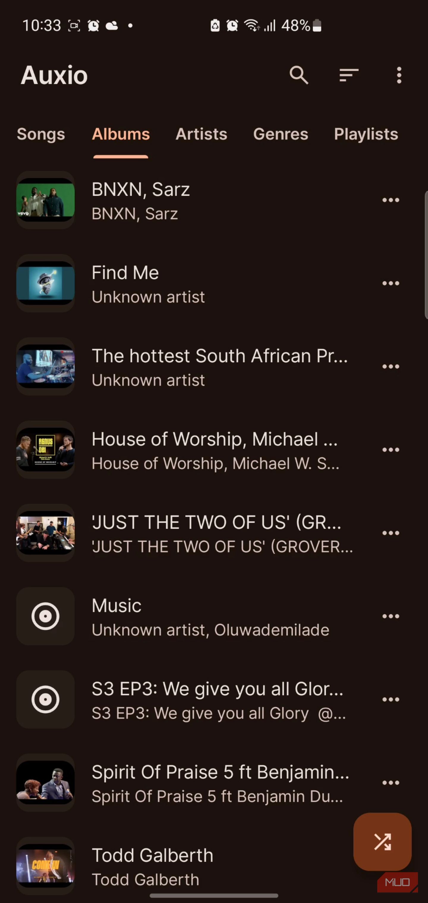 Auxio music player app showing albums list