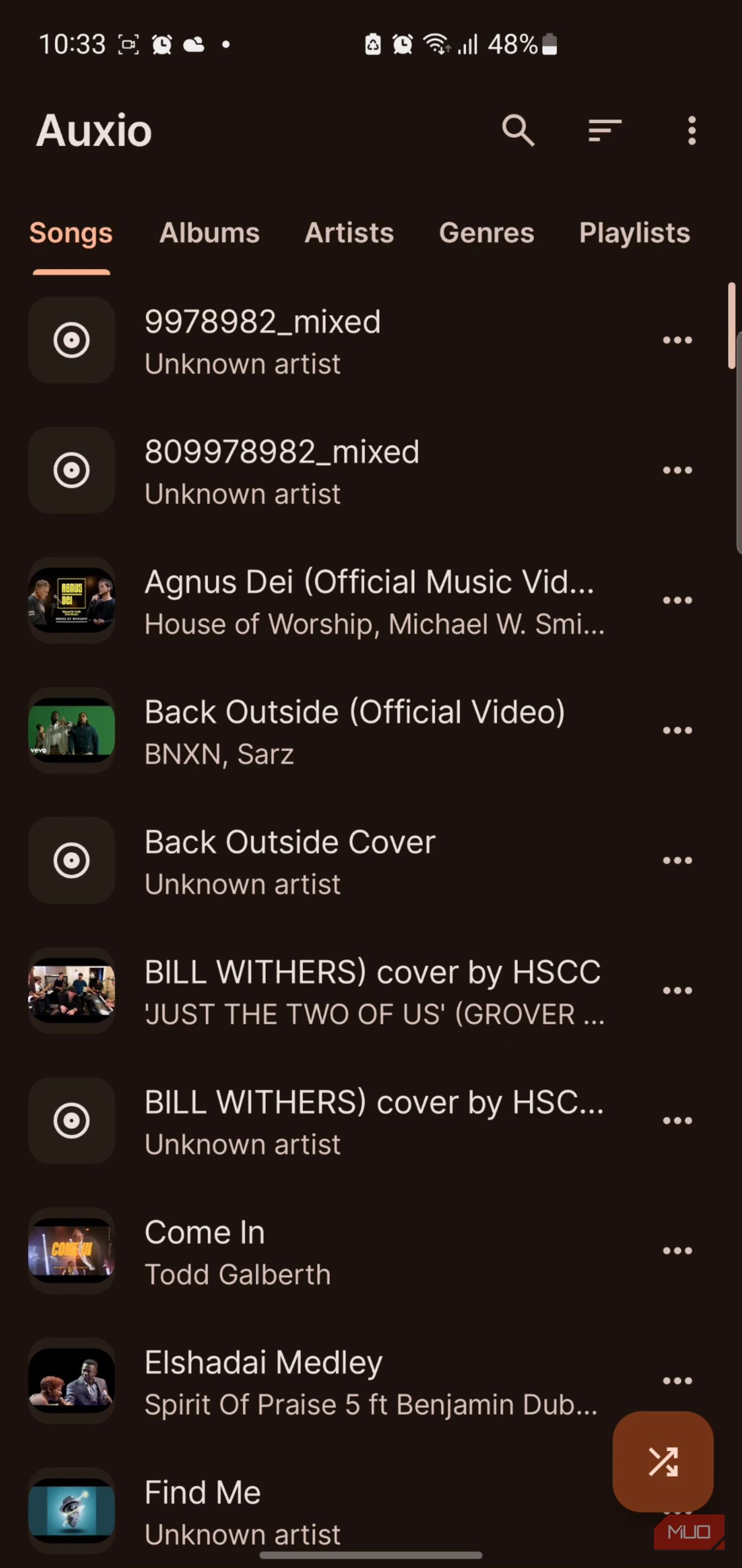 Auxio music player songs list interface