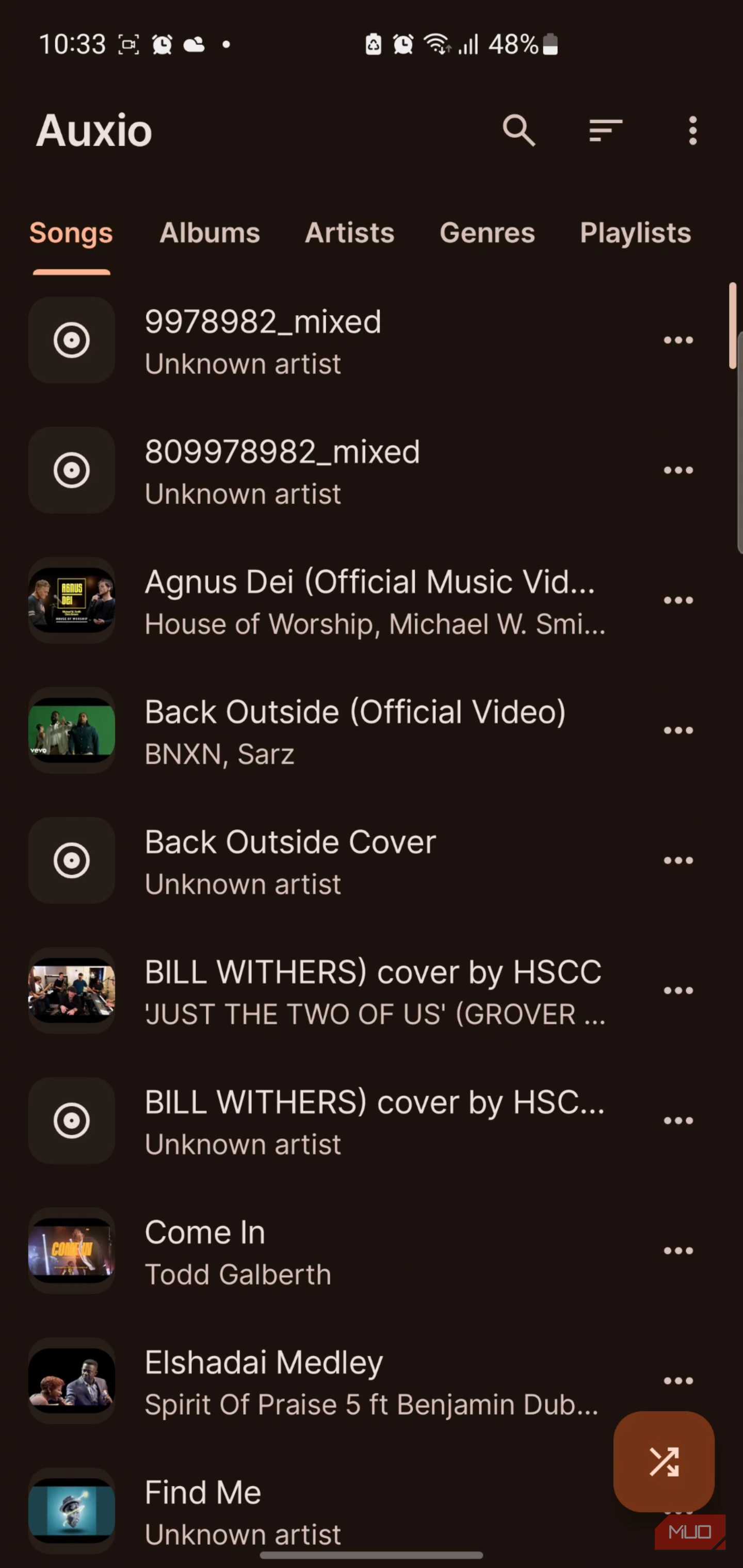Auxio music player songs list interface