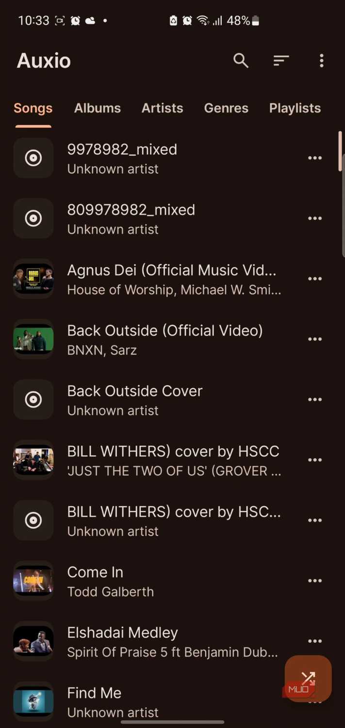 Auxio music player songs list interface