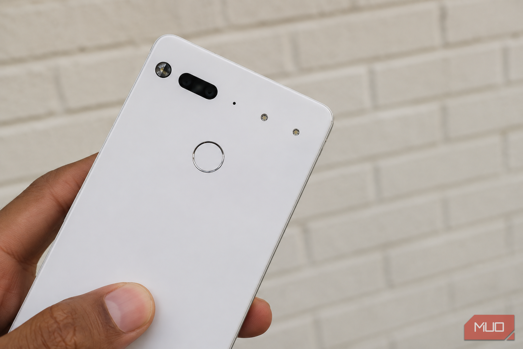 Back of white Essential Phone with dual camera.