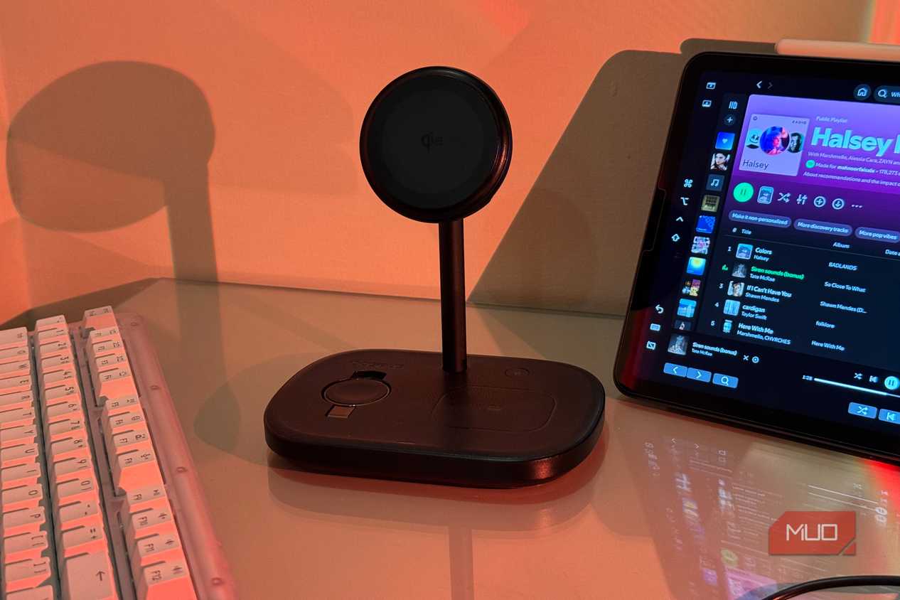 Baseus stand beside iPad showing Spotify Halsey Radio 2