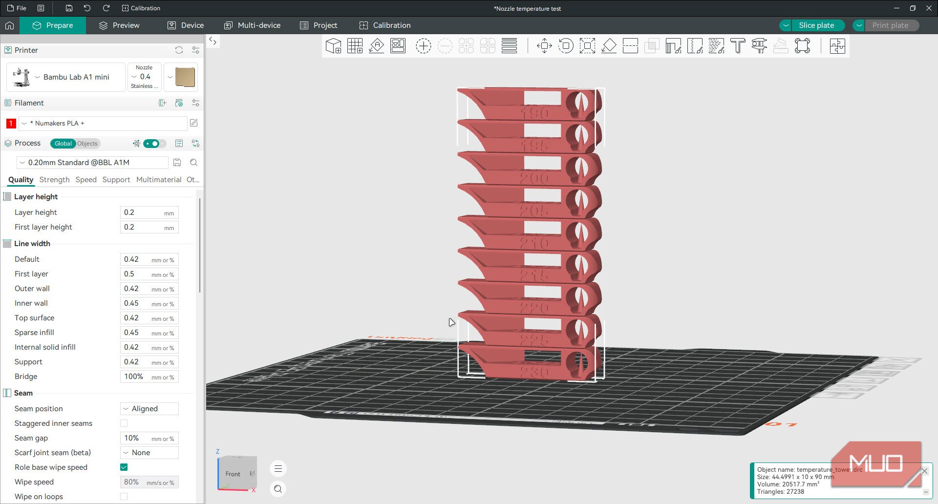 Basic PLA temperature tower in OrcaSlicer.
