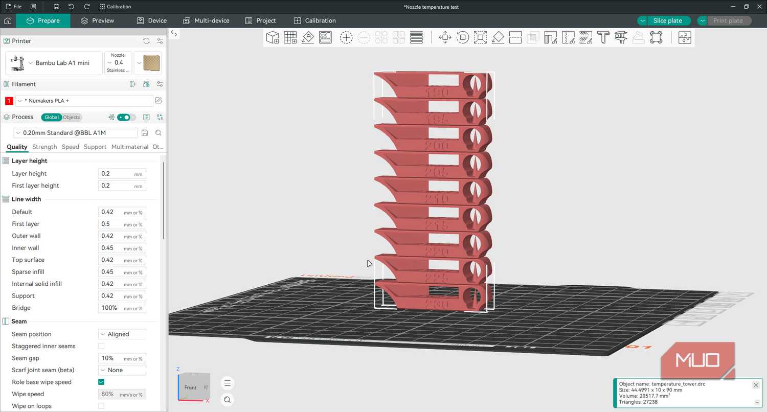 Basic PLA temperature tower in OrcaSlicer.
