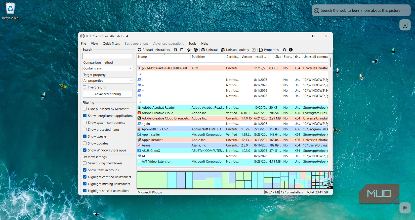 BCU color-coded program list with disk space map showing 23 GB