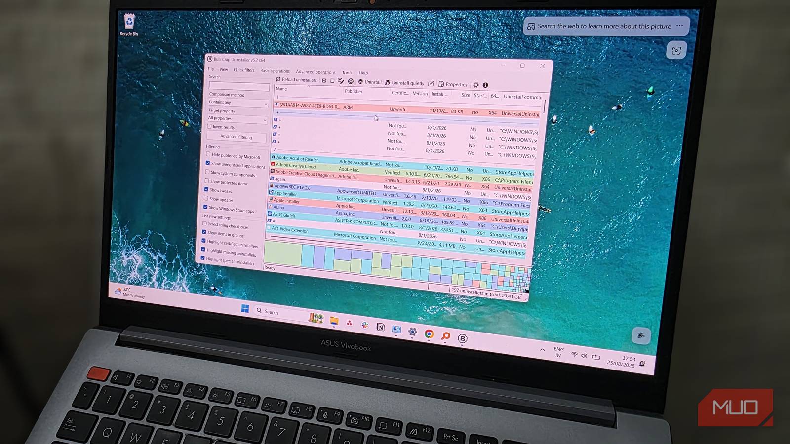 BCU running on the Asus Vivobook with color-coded program list