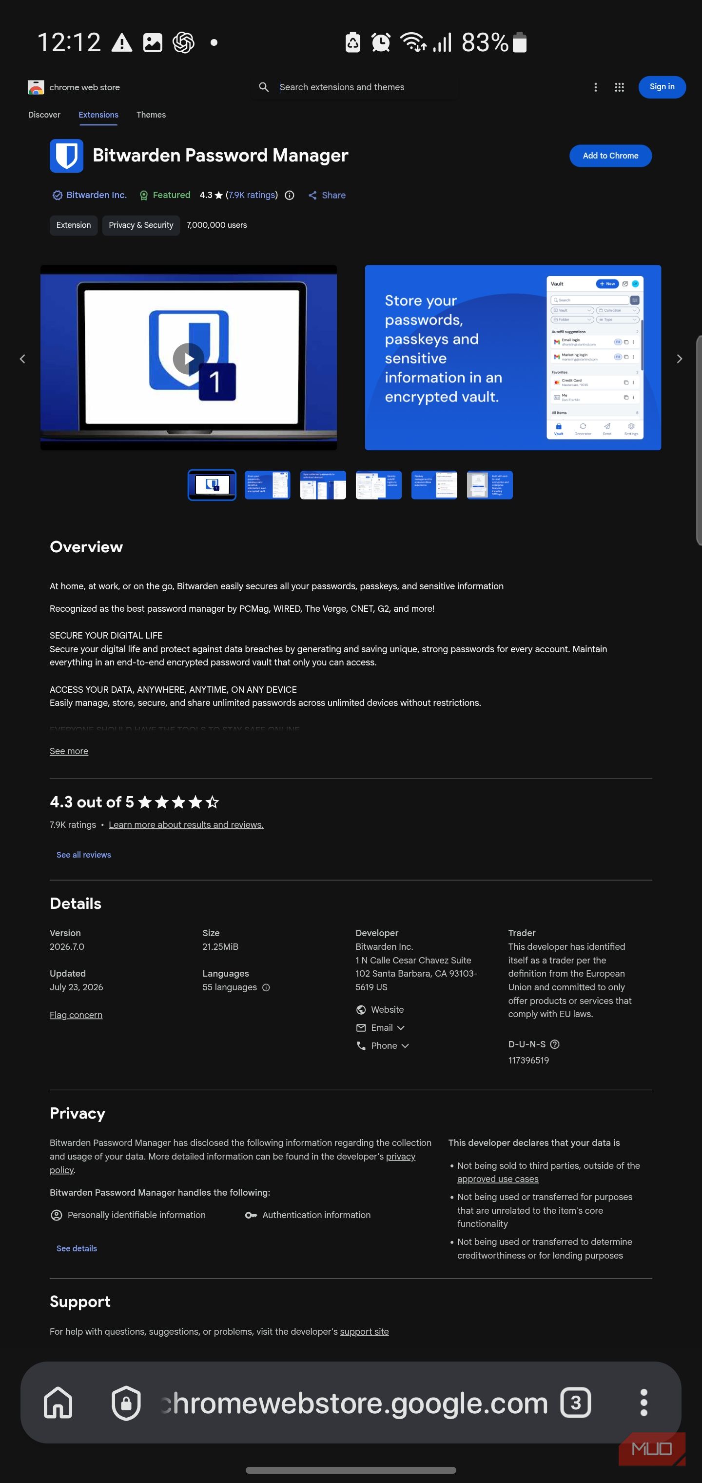 Bitwarden sitting inside the actual Chrome Web Store with Add to Chrome visible.