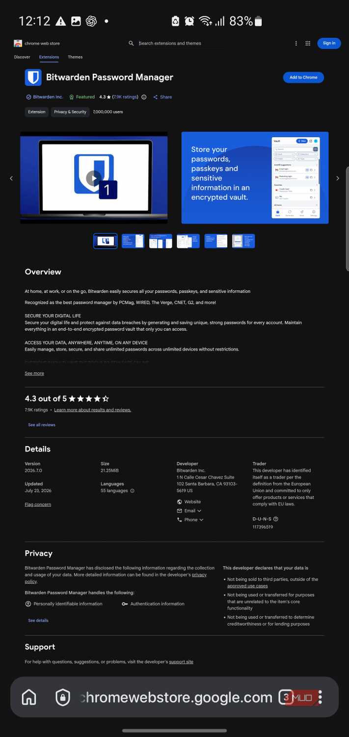 Quetta Browser — приватный браузер для Android с поддержкой расширений Chrome Bitwarden sitting inside the actual Chrome Web Store with Add to Chrome visible.