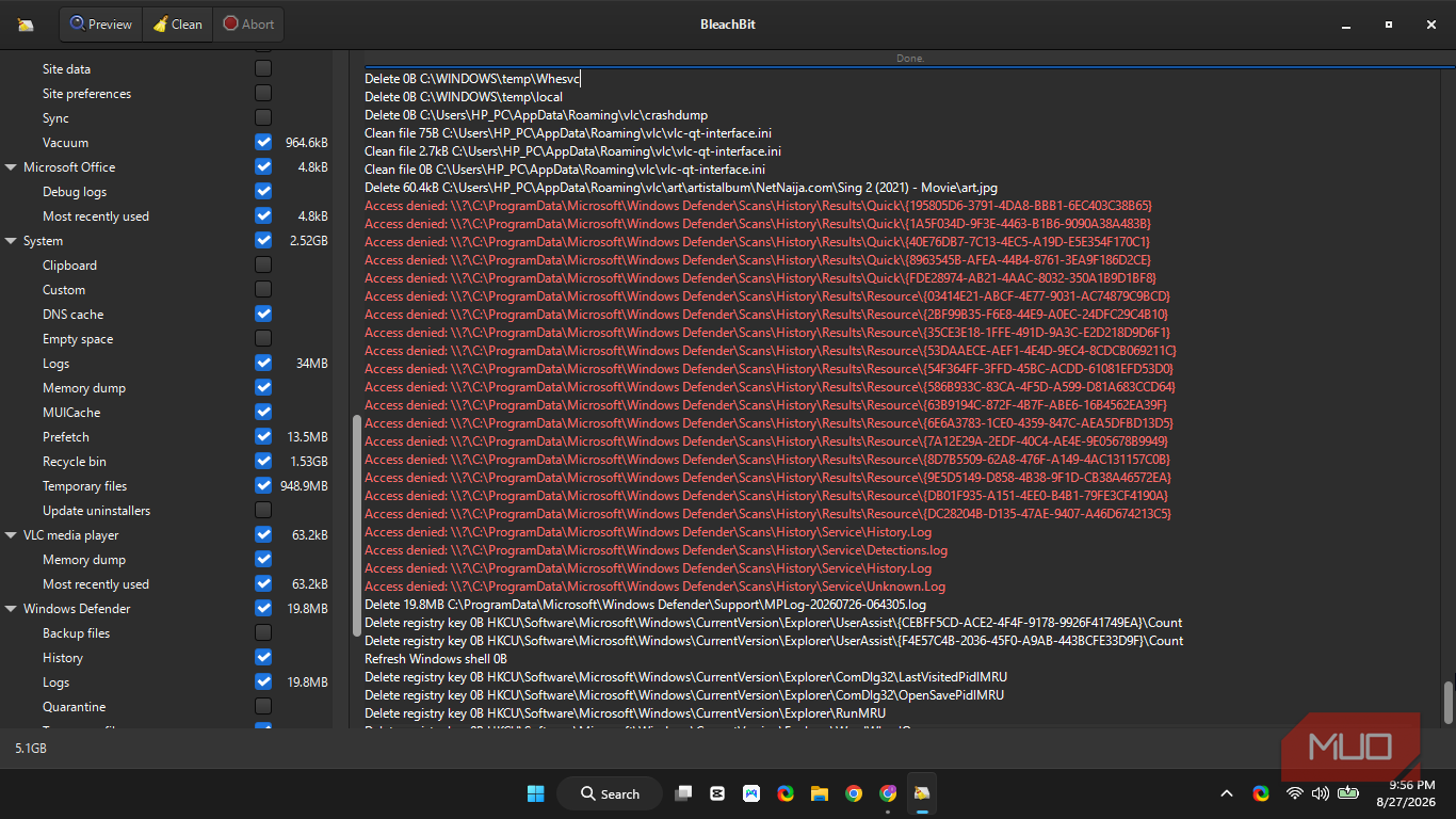 BleachBit showing a bunch of Access Denied error from Windows Defender Scan History in red color amidst other successful deletion.