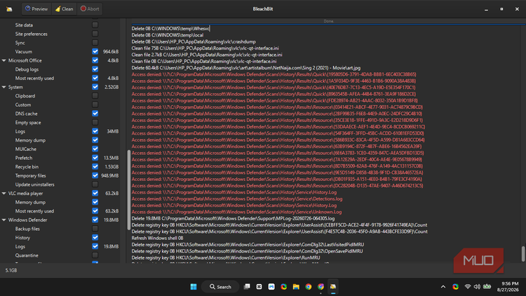 BleachBit showing a bunch of Access Denied error from Windows Defender Scan History in red color amidst other successful deletion.