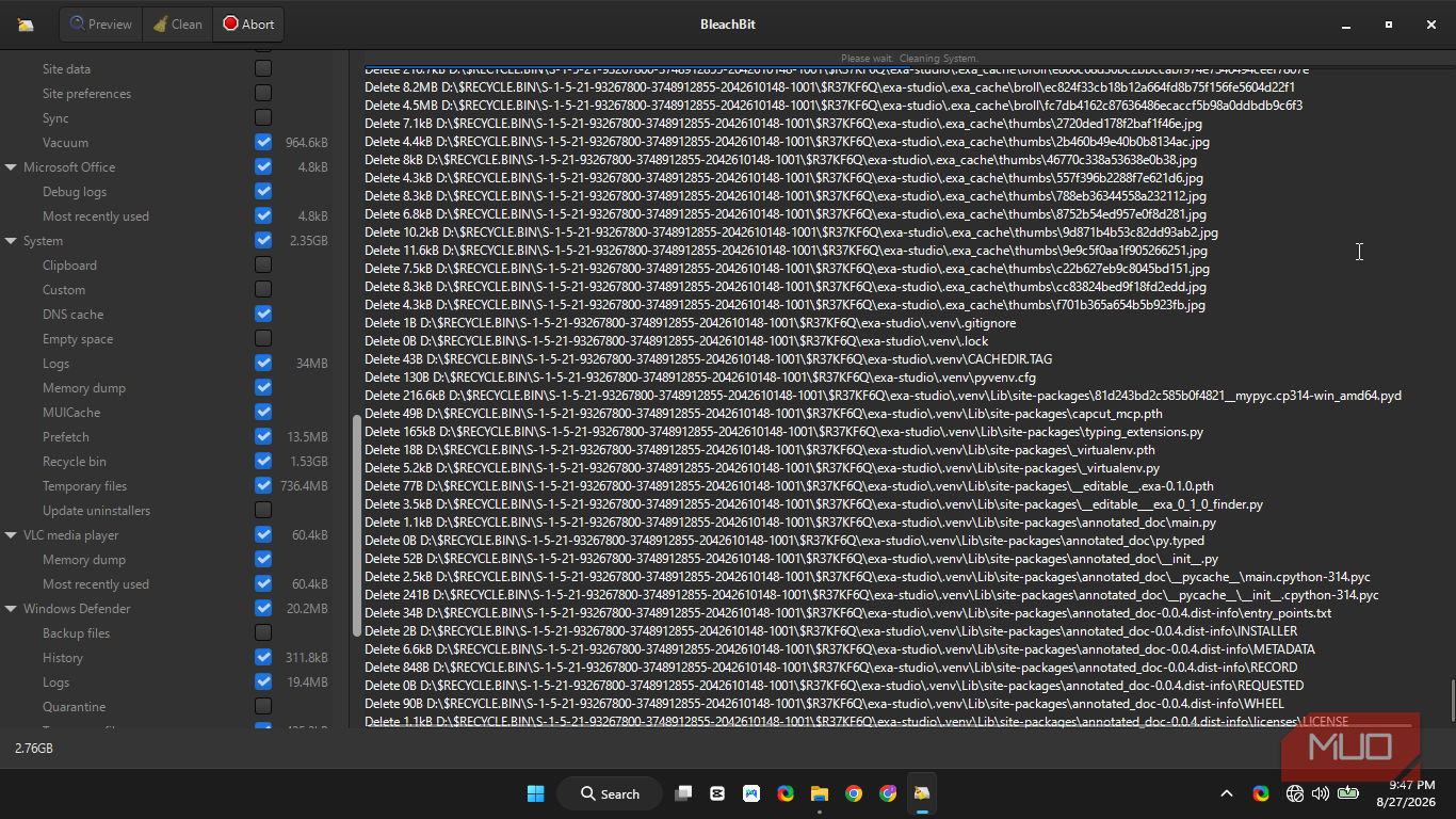 BleachBit in the process of cleaning the System data.