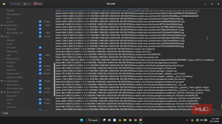 BleachBit in the process of cleaning the System data.
