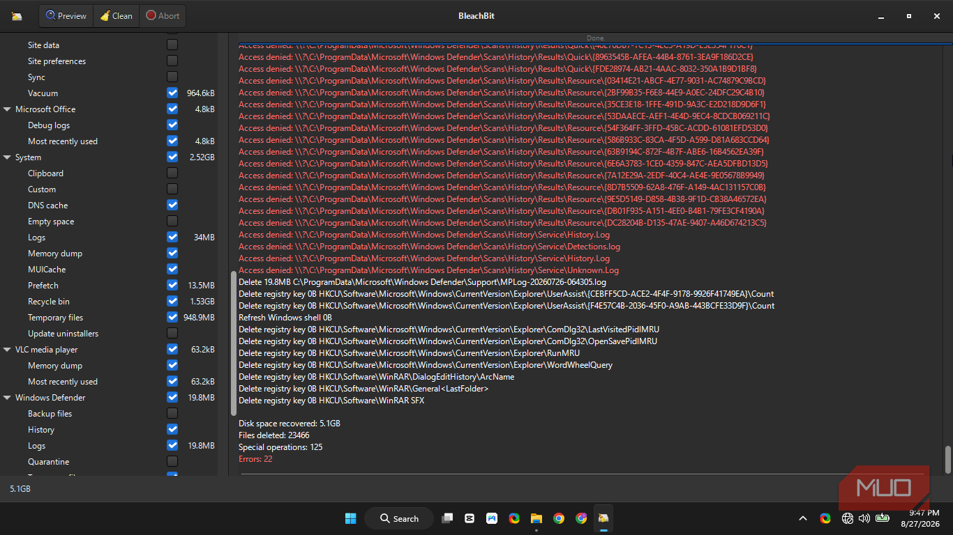 BleachBit completed the cleaning and showed 5.1 GB recovered and other completed and error results under the actual process.