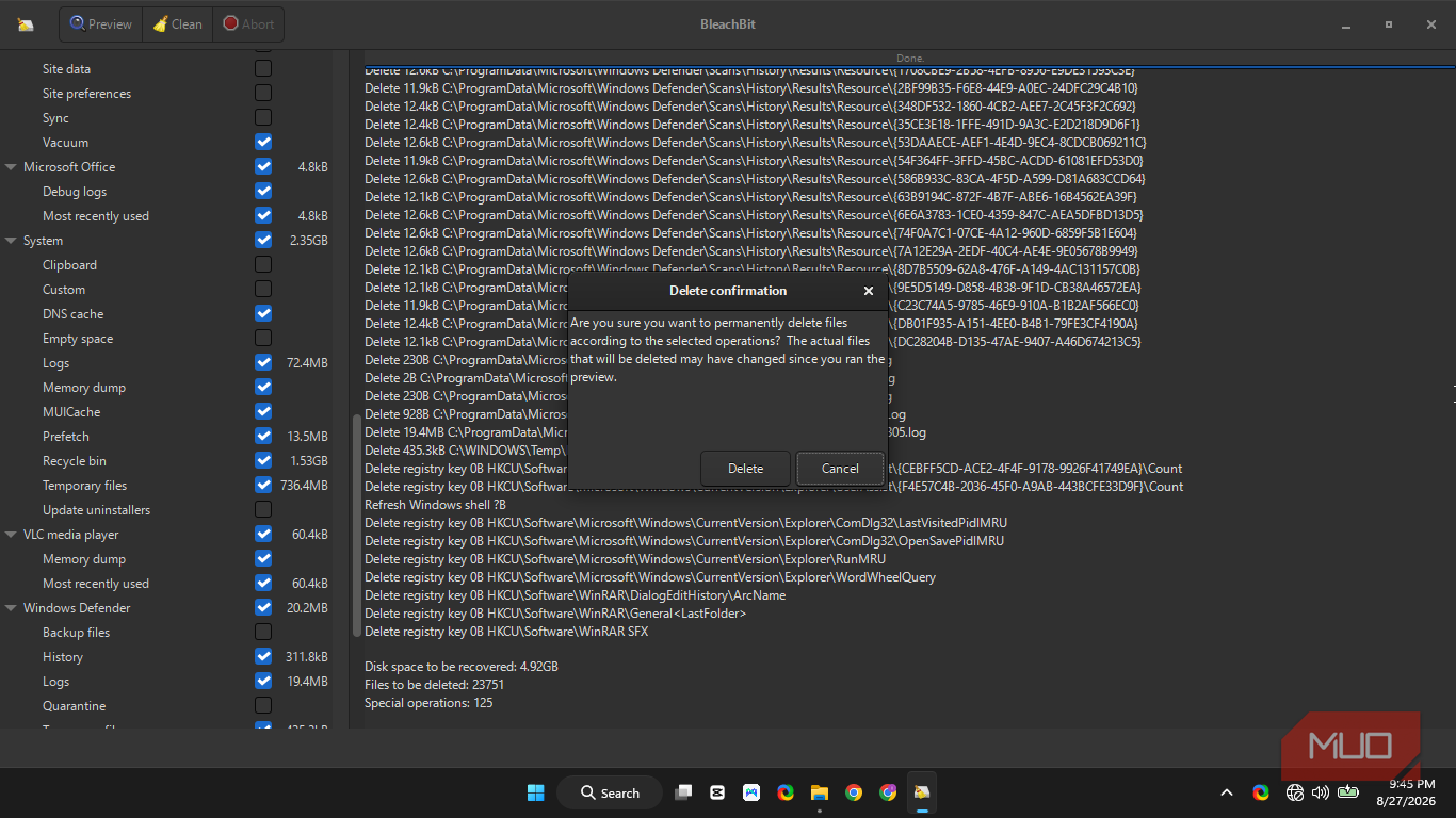 BleachBit showing a delete confirmation box to warn you before proceeding with the cleanup.