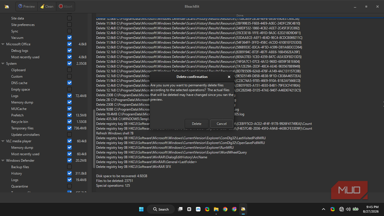 BleachBit showing a delete confirmation box to warn you before proceeding with the cleanup.