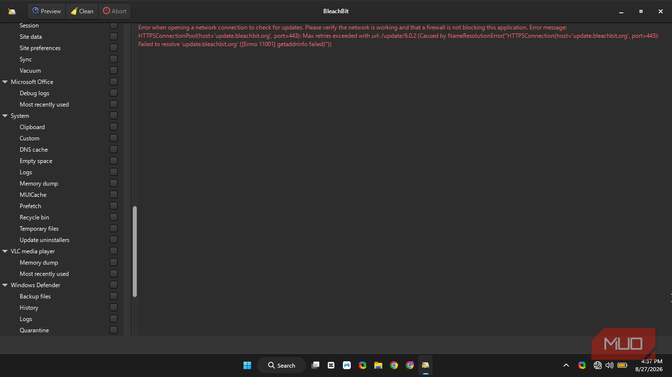 BleachBit interface displaying an error message that it couldn't connect to the internet to self update. Then the left side shows tools like MS office, system, VLC.