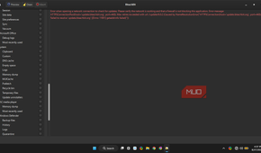 BleachBit interface displaying an error message that it couldn't connect to the internet to self update. Then the left side shows tools like MS office, system, VLC.