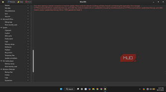 BleachBit interface displaying an error message that it couldn't connect to the internet to self update. Then the left side shows tools like MS office, system, VLC.