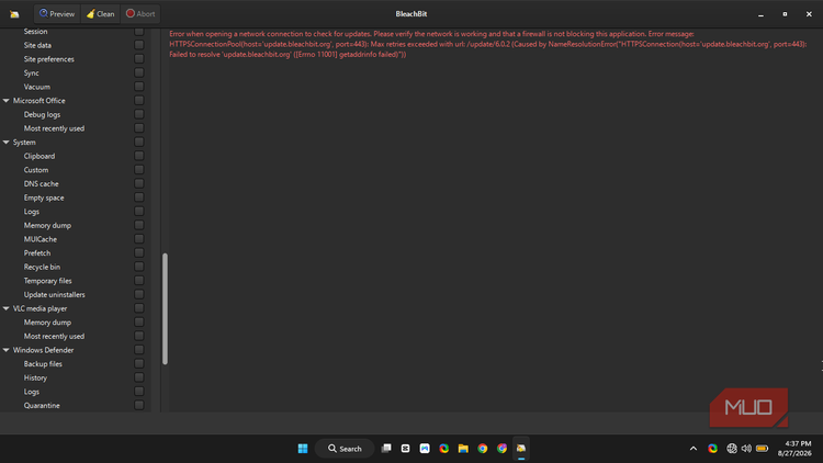 BleachBit interface displaying an error message that it couldn't connect to the internet to self update. Then the left side shows tools like MS office, system, VLC.