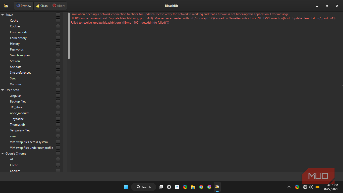 BleachBit Interface with the internet connection and update failure message in red, and the available options for picks in the left side including Brave, Chrome.